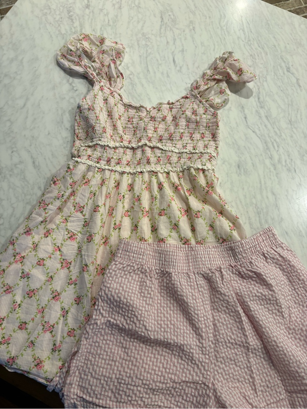 Floral Smocked Nightgown with Pink Gingham Seersucker tie boxer Shorts size M